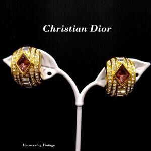 Vintage Christian Dior Earrings – 1980s Gold Plated Half Hoop Pave Rhinestone